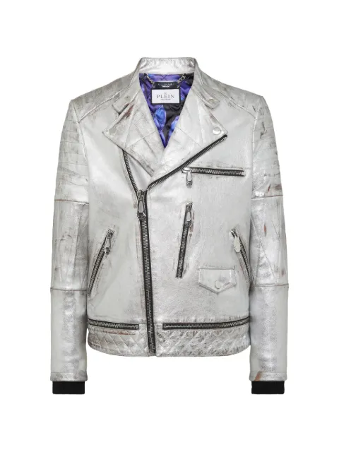 Philipp Plein leather biker jacket Silver AACCMLB1795PLE010N