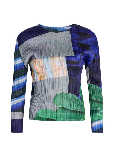 Pleats Please Issey Miyake long-sleeve printed top Blue PP66JK671