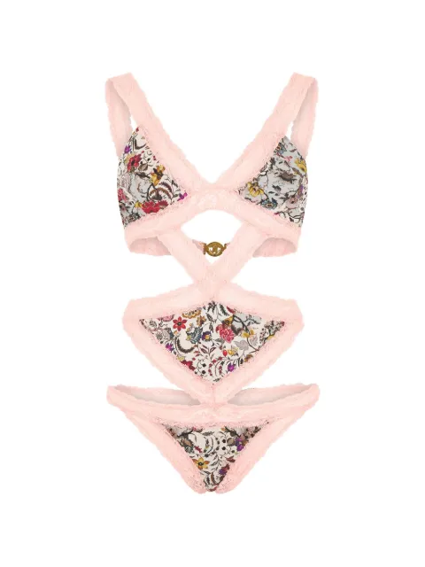 Roberto Cavalli floral-print lace-trim swimsuit Pink WQW006HVR40