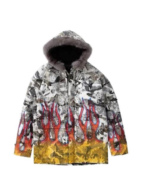 Who Decides War flame-print hooded parka coat Grey 1131120030FW25