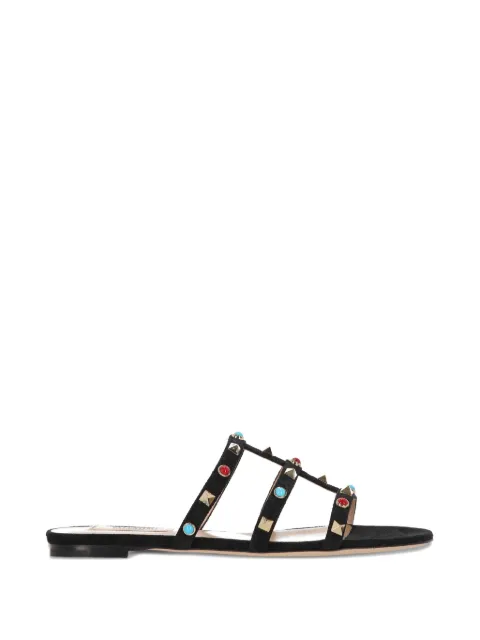 Valentino Garavani Rockstud slide sandals in split leather with cabochon stones Black WS0C49JTI