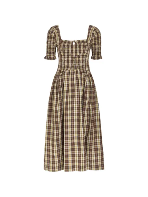 DAMSON MADDER Emmy shirred checked midi dress Brown PF26DM3831