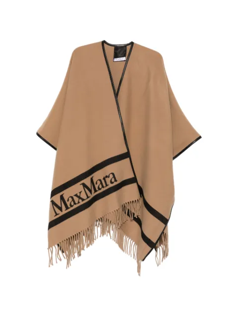 Max Mara fringed logo-lettering wool scarf Brown 2614541051600