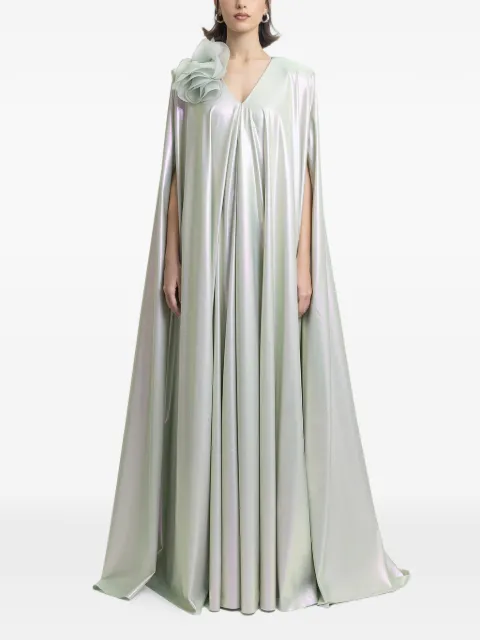 Gemy Maalouf V-neckline draped flower maxi kaftan Green EDCP252041KF