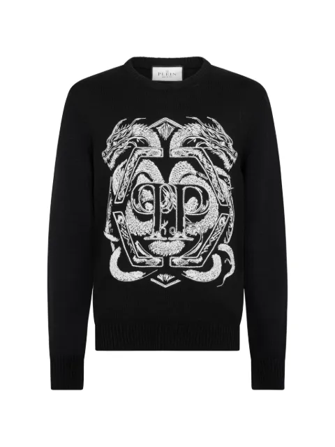 Philipp Plein graphic-embroidered round-neck sweater Black SAFCMKO1511PTE003N