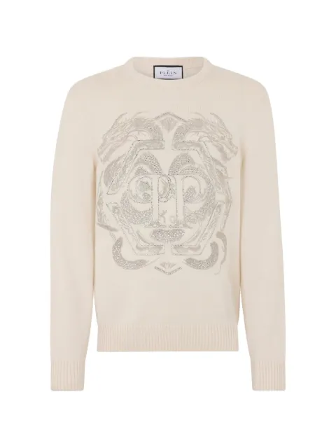 Philipp Plein dragon-graphic round-neck sweater White SAFCMKO1511PTE003N