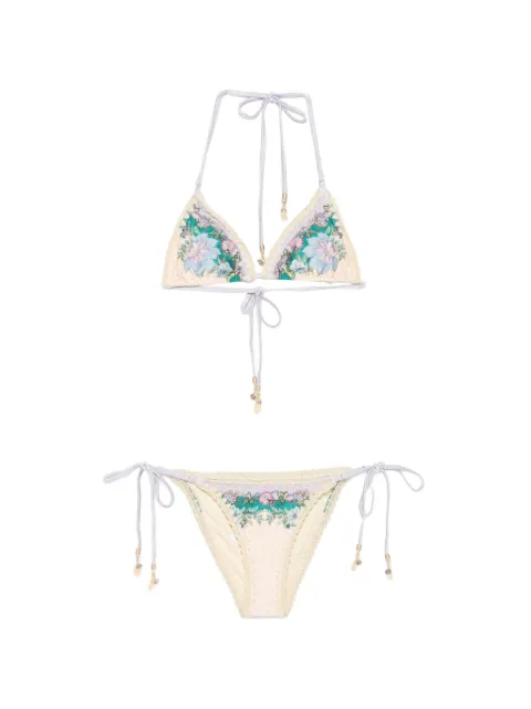 ZIMMERMANN Indra crochet-trim floral-print bikini Neutrals 8011WSS262