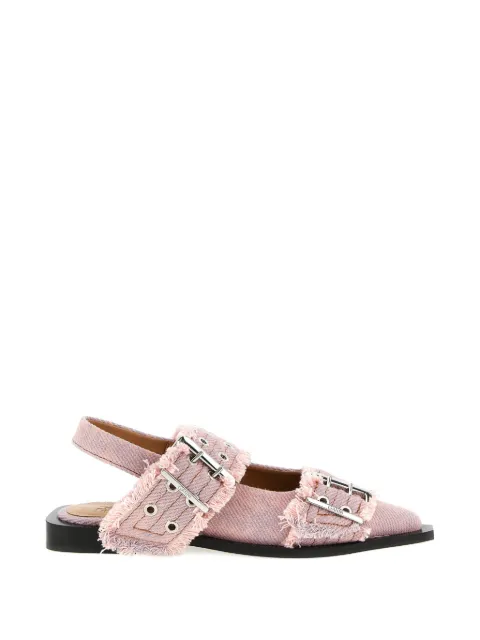 GANNI buckle fringed denim flat pumps Pink B1020097