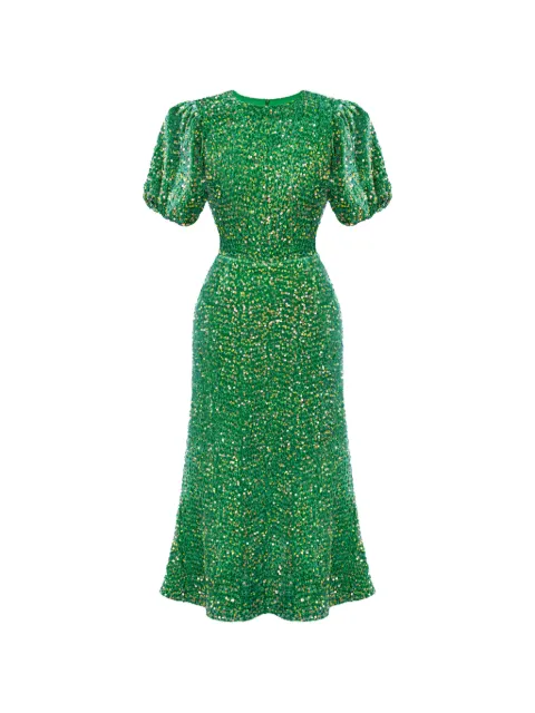 POST MERIDIEM sequin-embellished puff-sleeve midi dress Green SEQUINDECORATEDVELVETPUFFSLEEVEMIDIDRESSLIGHTGREEN