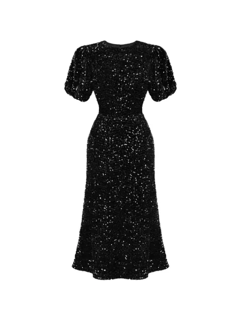 POST MERIDIEM sequin-embellished puff-sleeve midi dress Black SEQUINDECORATEDVELVETPUFFSLEEVEMIDIDRESSBLACK