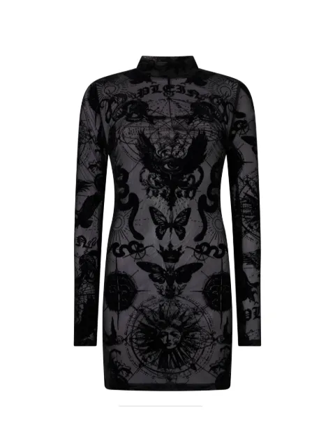 Philipp Plein mini long-sleeve butterfly-tattoo dress Black SAFCWRG3572PTE003N