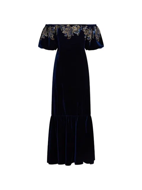 ETRO long velvet dress with Paisley foliage embroidery Blue WRHA0542AR432