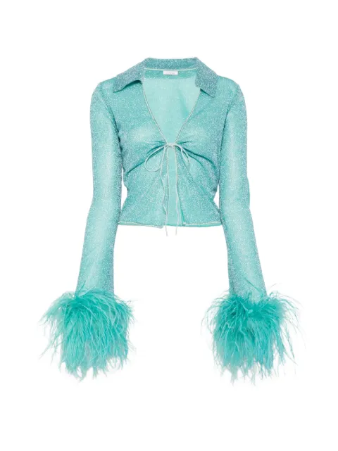 Oséree feather-trim metallic-thread top Blue LCF257