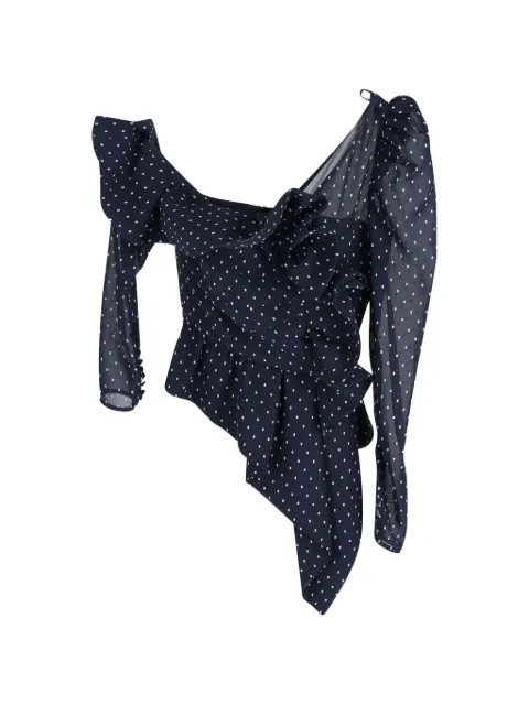 Self-Portrait One-shoulder ruffled polka-dot top Blue NAPPUGBCL239092W