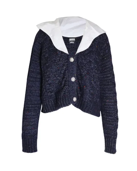 GANNI cable-knit poplin-collar cardigan Blue NAPPUGBCL286765W
