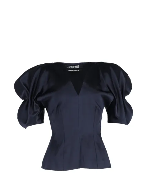 Jacquemus Pre-Owned puffed-sleeve V-neck blouse Blue NAPPUGBCL429419W