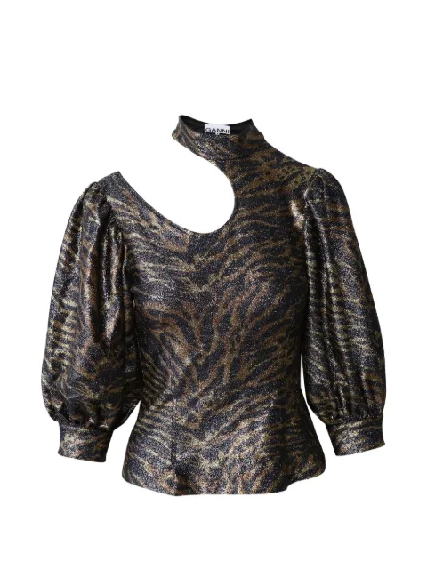 GANNI Tiger print puff sleeve blouse Black TONPUGBCL242471W