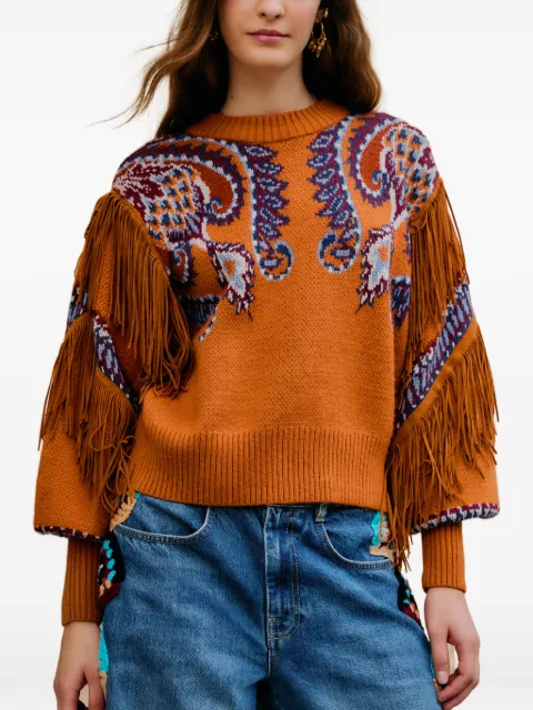 FARM Rio brown Arabesque scarf fringe cuffed knit sweater Brown 344155