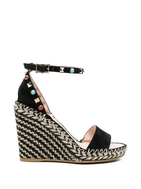 Valentino Garavani Rockstud doube wedge sandals in split leather with cabochon stones 105mm Black WS0090GRR
