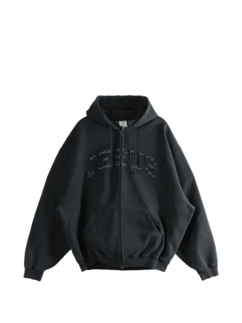 VETEMENTS frayed-appliqué zip-up hoodie Black ME76ZU190BB1302