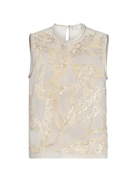 Brunello Cucinelli crispy silk top with dazzling seabed embroidery Neutrals MF940HD920C9504
