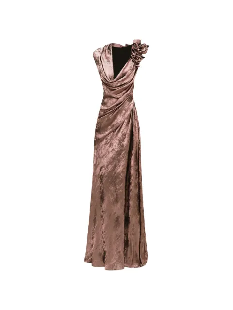 Gemy Maalouf shimmer sandwash flowers maxi dress Brown GMPF247343LD