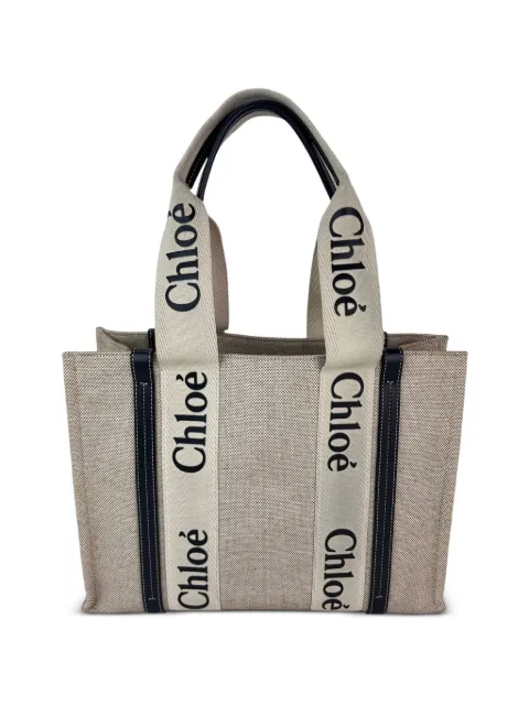 Chloé Vintage medium Woody ribbon-trim canvas tote bag Neutrals 50921189343543