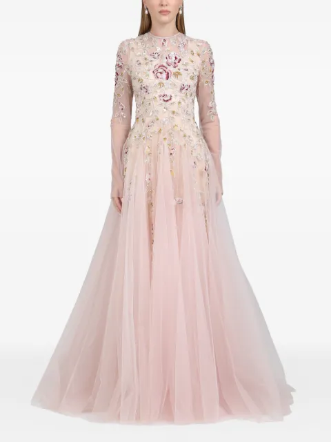 Dina Melwani leaf-embroidered gown maxi dress Pink DM2502442