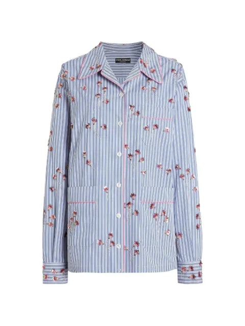 Dolce & Gabbana poplin shirt with crystal flower embroidery Blue F5U26ZGDDRS