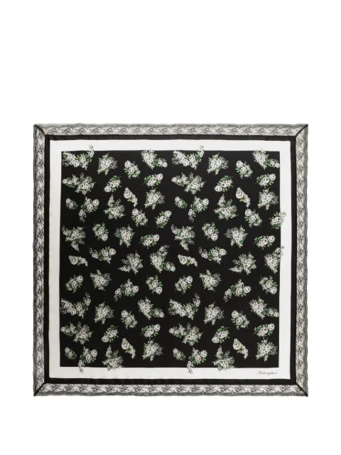 Dolce & Gabbana 90x90 small flower bouquet-print silk twill scarf with lace insert Black FN118RGDDUI