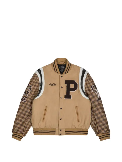 PATTA logo-patch houndstooth bomber jacket Neutrals PATTAATHLETICPHOUNDSTOOTHVARSITYJACKET