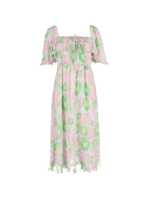 GANNI shirred floral-print midi dress White NAPPUGBCL576691W