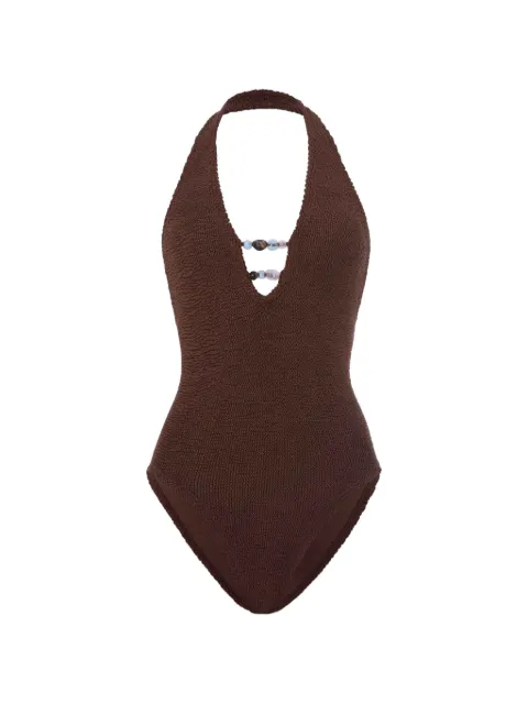 Hunza G Adriana beaded crinkle-effect swimsuit Brown ADRIANABEADEDSWIM