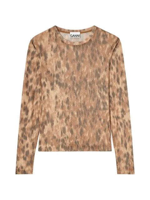GANNI long-sleeve top in printed marl mesh Neutrals A1040348