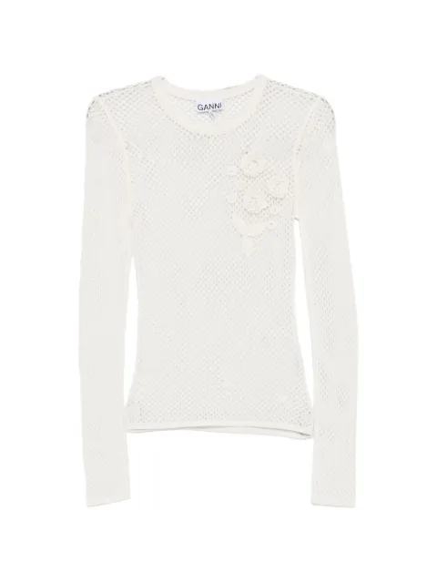 GANNI mesh pointelle long-sleeve T-shirt White A1070231