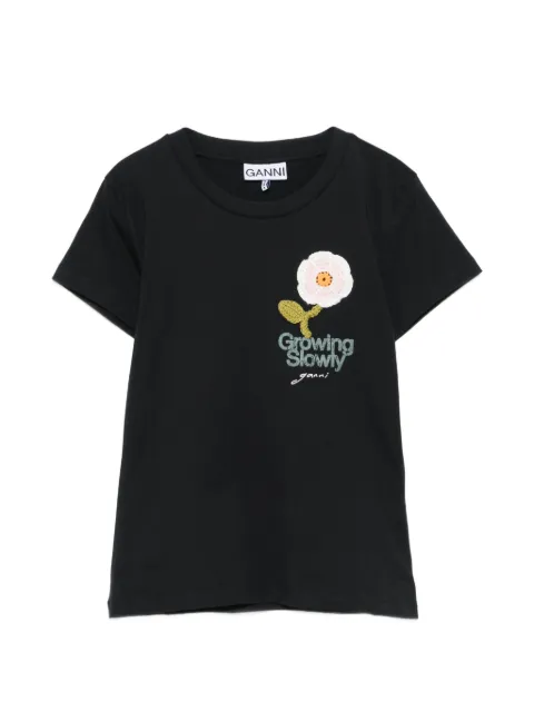 GANNI crochet-patch logo-print T-shirt Black A1050178