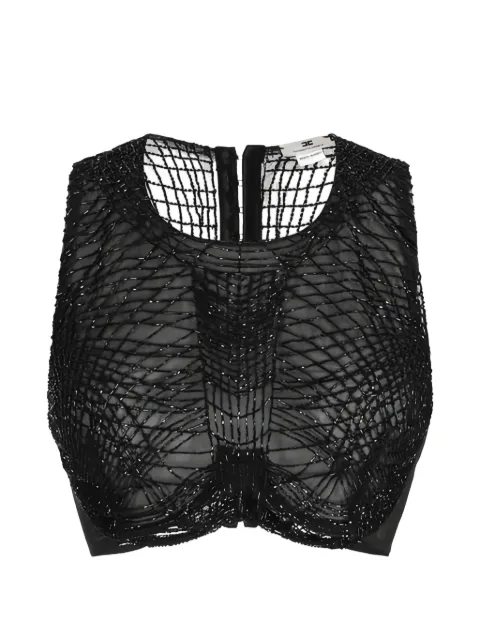 Elisabetta Franchi top in tulle fabric with embroidered crystals Black TO04361E2