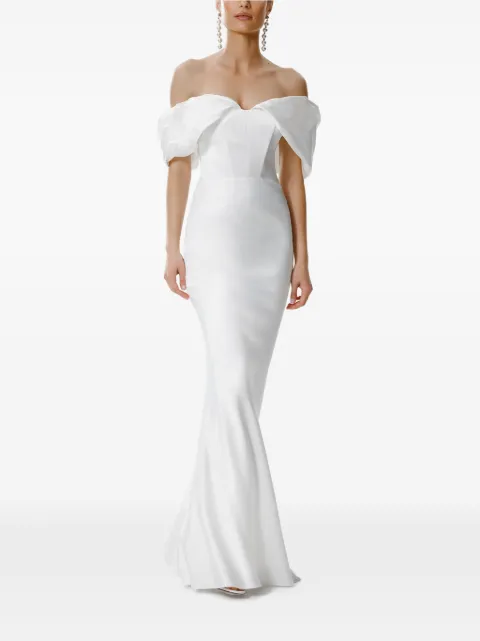 FRAMBOISE Kamari off-shoulder silk maxi dress White KAMARI