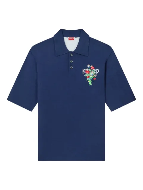Kenzo bouquet embroidered knit polo shirt Blue FF65PO7633BG