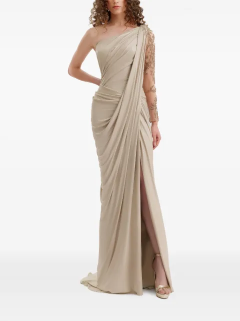 Gemy Maalouf one-shoulder beaded draped dress Neutrals GMR267748LD