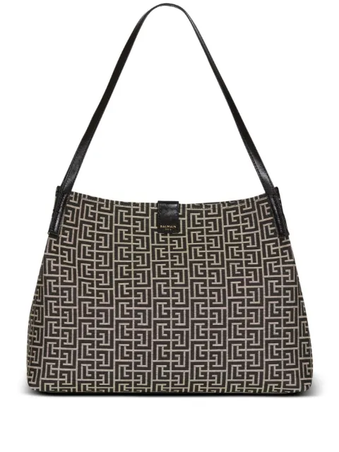 Balmain medium Release Shopper bag in monogram jacquard and calfskin leather Black GN1FF034TJMB