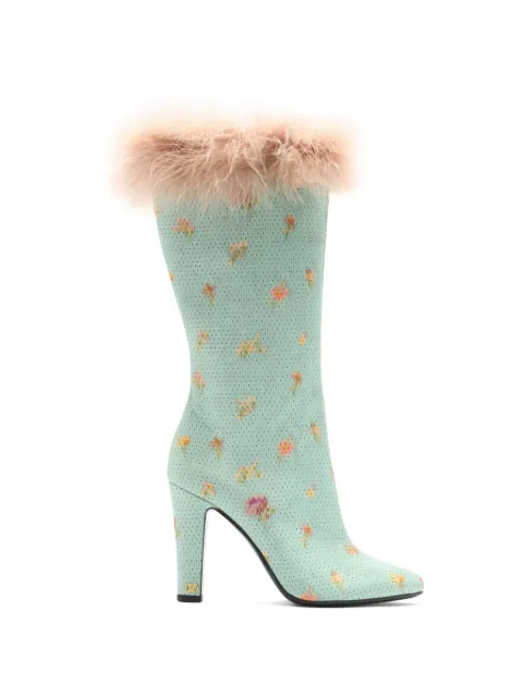Valentino Garavani hotty boots in chiné fabric with floral and polka-dot pattern and feathers 100mm Blue WS0NT3HJF