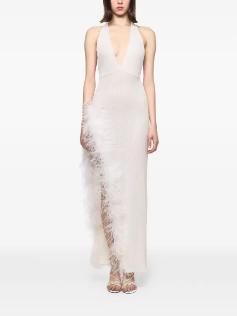 Atu Body Couture feather-trimmed V-neck maxi dress White AT26122