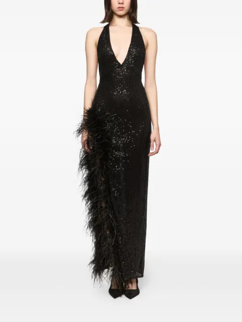 Atu Body Couture feather-trimmed sequined maxi dress Black AT26122