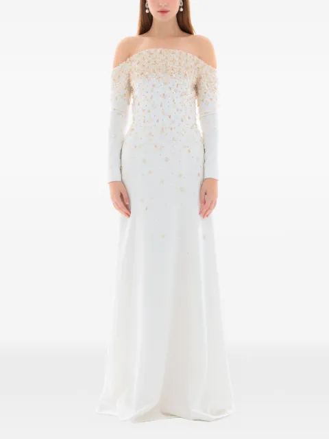 Dina Melwani pearl crystal embellished gown White DM250249302