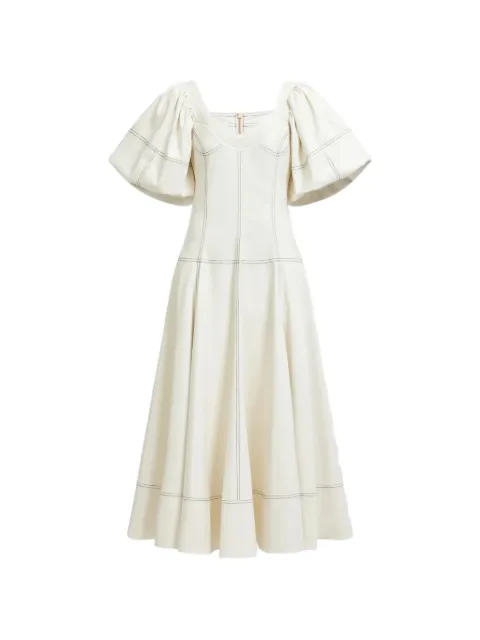 Aje Ether puff-sleeve topstitched midi dress Neutrals 26RE5599