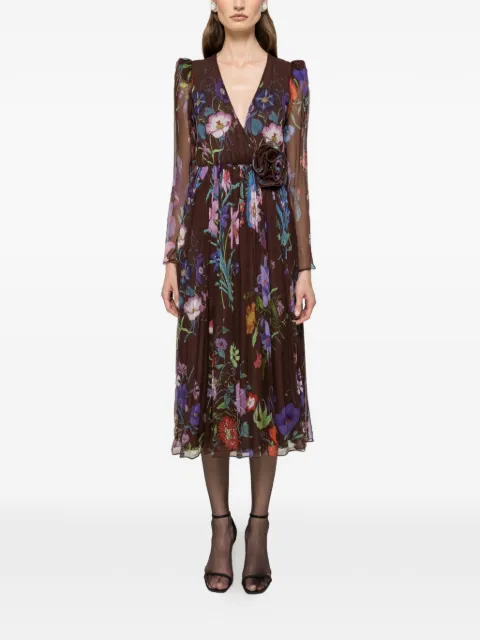 NISSA floral-appliqué midi dress Brown RC16370