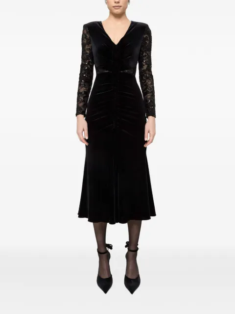 NISSA lace-insert velvet midi dress Black RS16083