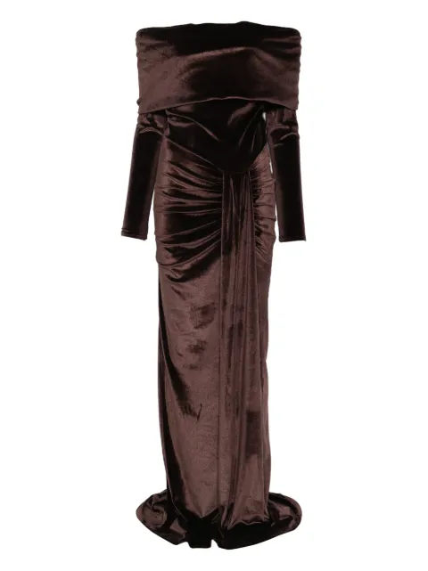 MIAU by Clara Rotescu off-shoulder draped maxi dress Brown SAMARA
