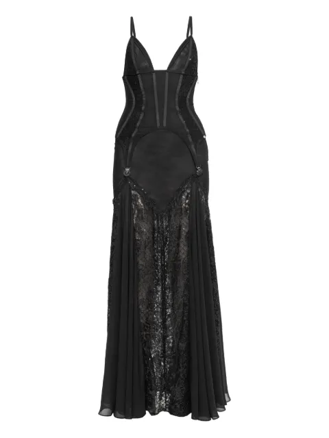 NISSA lace-panel corset maxi dress Black RRS16330BLACK